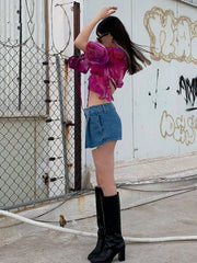 Flowers Print Mesh V-Neck Flare Sleeve Crop Top Mssza