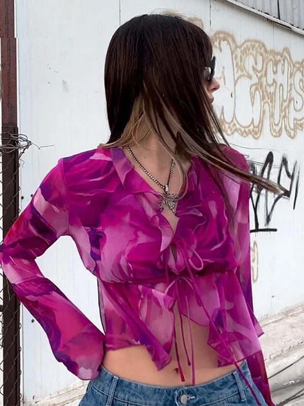 Flowers Print Mesh V-Neck Flare Sleeve Crop Top Mssza
