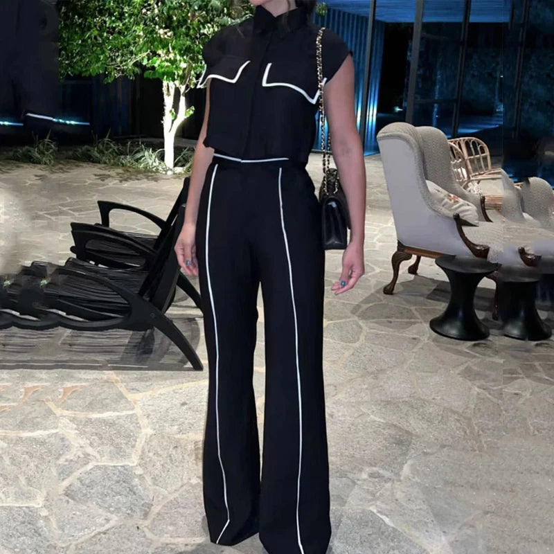Formal Contrast Button Jacket Slim Top Loose With Pockets Pants Two Piece Set Mssza