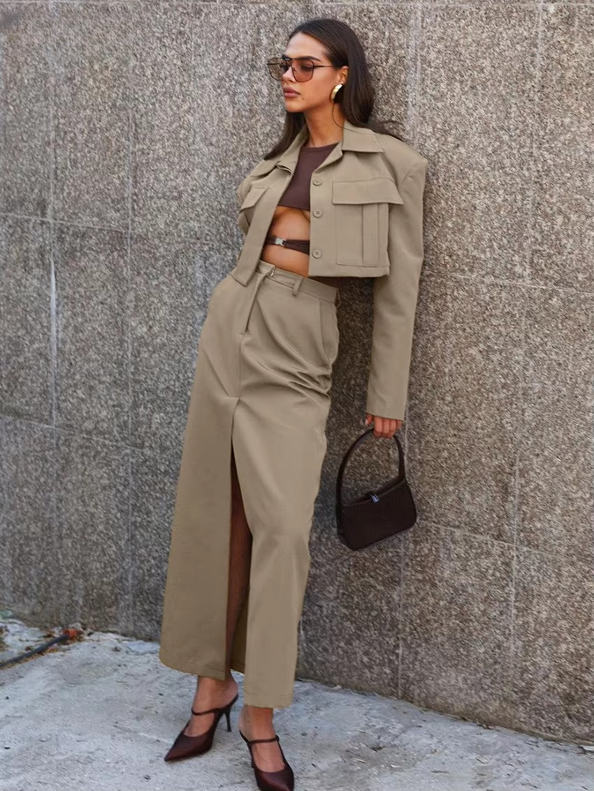 Formal Crop Top With High Waist Slit Long Skirt 2 Piece Set Mssza