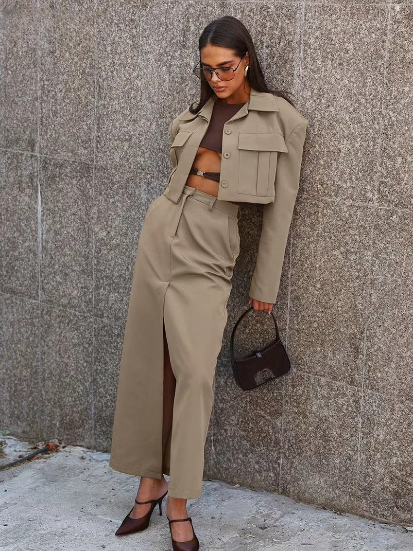 Formal Crop Top With High Waist Slit Long Skirt 2 Piece Set Mssza