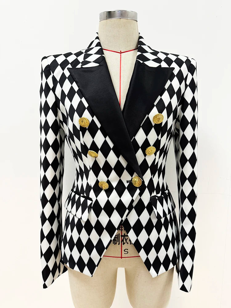 Formal Double Breasted Diamonds Printed Slim Fitting Blazer Designer Jacket Mssza