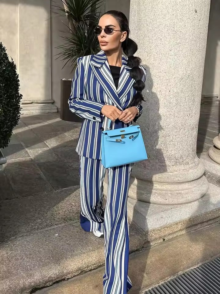 Formal Double-Breasted Stripe Blazer And Pants Two Piece Set Mssza