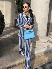 Formal Double-Breasted Stripe Blazer And Pants Two Piece Set Mssza