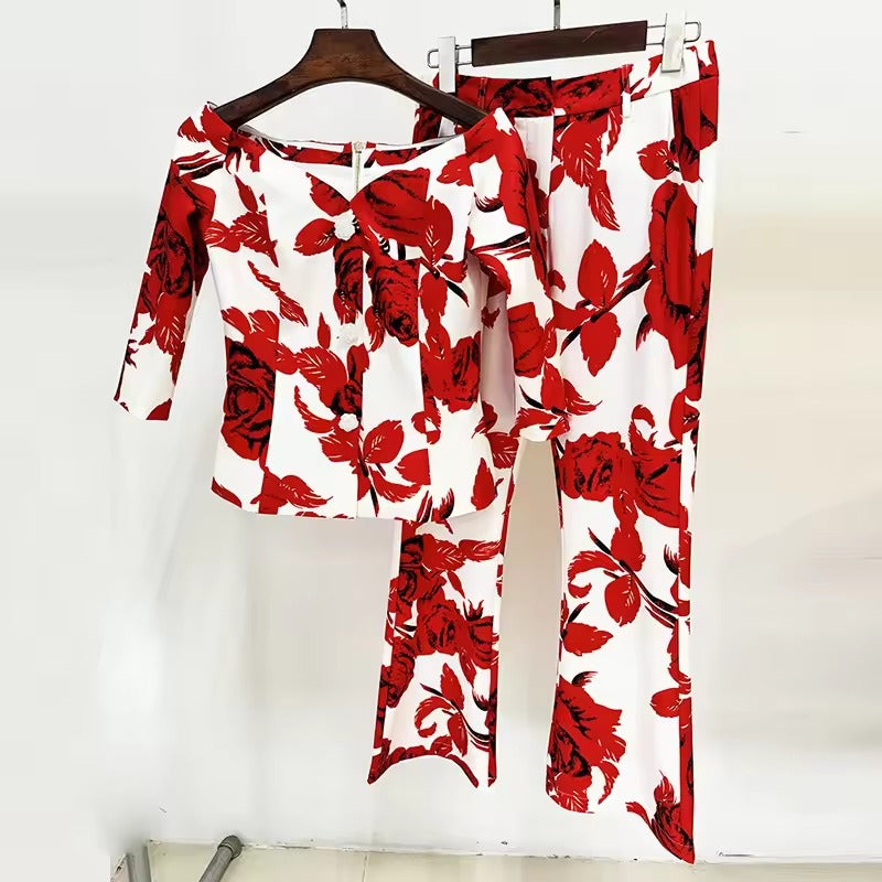 Formal Flower Blazer And Ankle-Length Pants 2 Piece Set Mssza