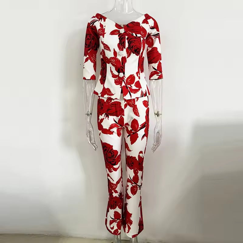 Formal Flower Blazer And Ankle-Length Pants 2 Piece Set Mssza