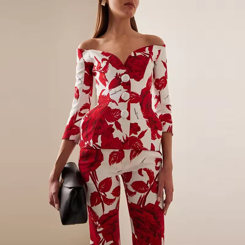 Formal Flower Blazer And Ankle-Length Pants 2 Piece Set Mssza