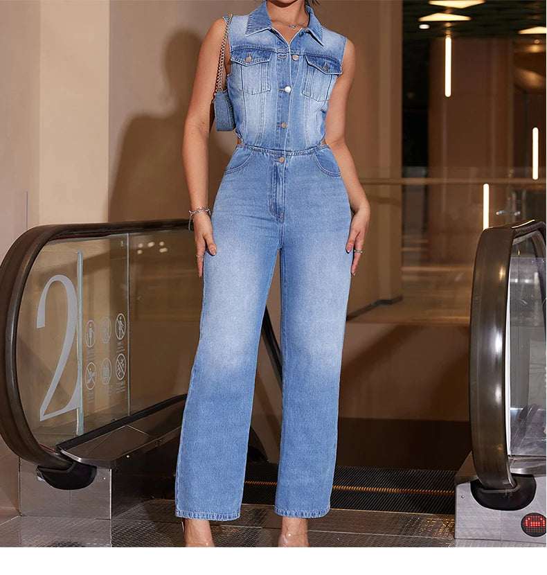 Formal Lapel Sleeveless Hollow Out Jumpsuit Slim Fit One-piece Outfit Mssza