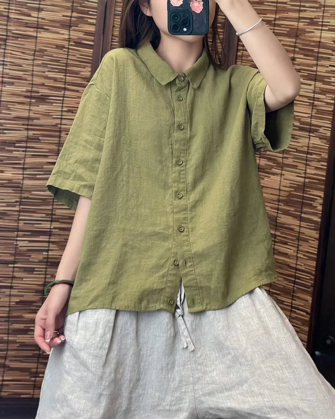 Formal Linen Lapel Single-breasted Slim-fit Short-sleeved Loose Shirt Mssza