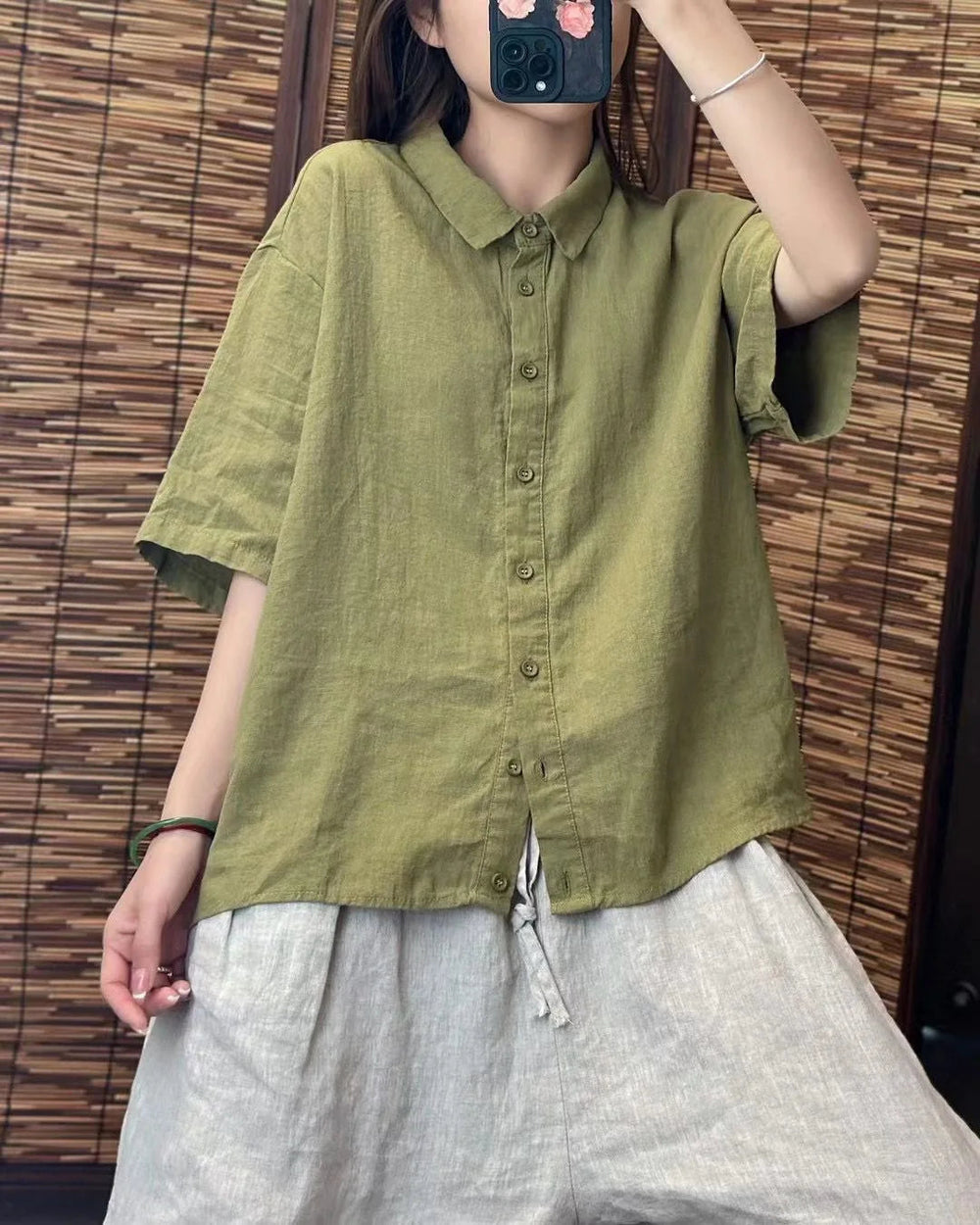 Formal Linen Lapel Single-breasted Slim-fit Short-sleeved Loose Shirt Mssza