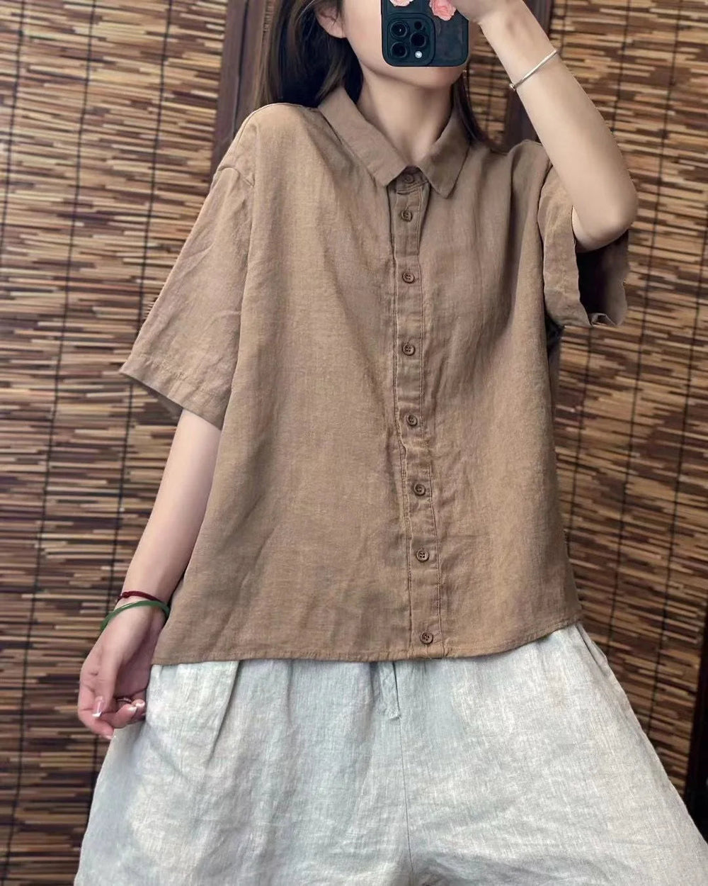Formal Linen Lapel Single-breasted Slim-fit Short-sleeved Loose Shirt Mssza