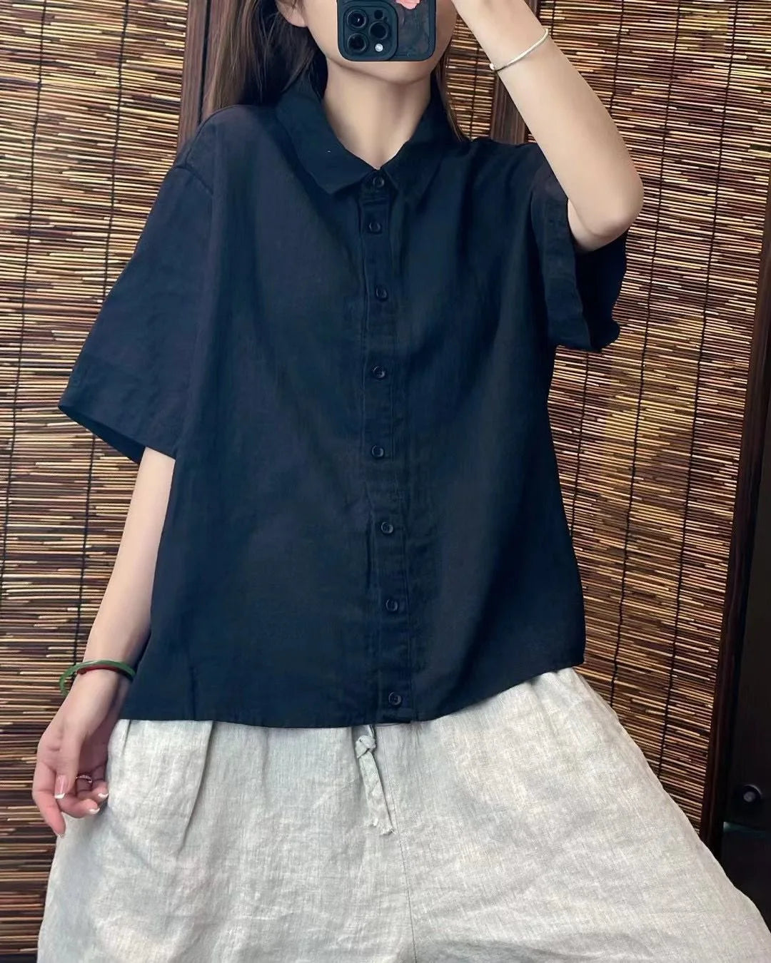 Formal Linen Lapel Single-breasted Slim-fit Short-sleeved Loose Shirt Mssza