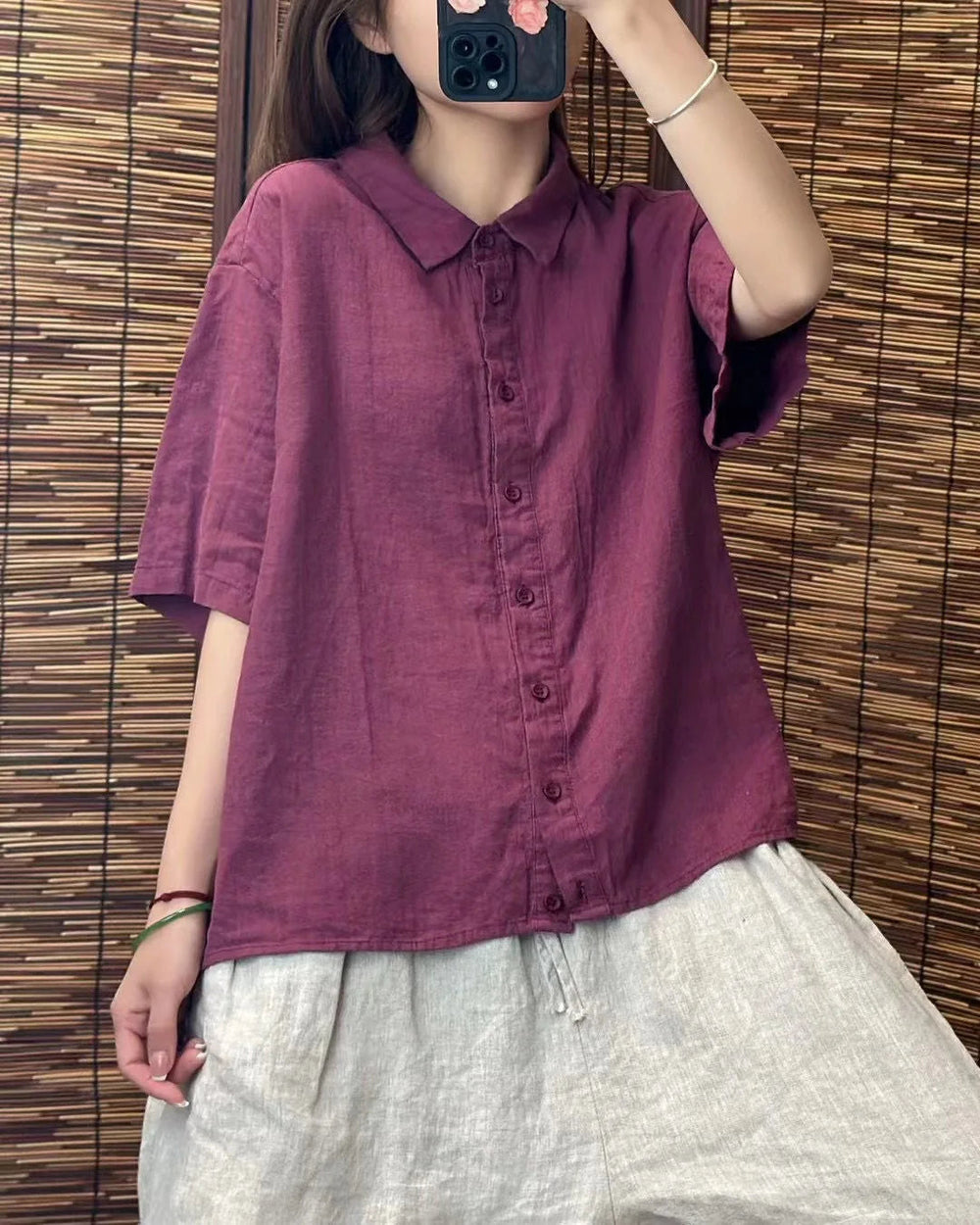 Formal Linen Lapel Single-breasted Slim-fit Short-sleeved Loose Shirt Mssza