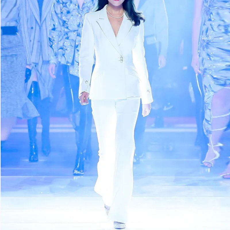 Formal Pearl Button Slim Fit Blazer Flared Pants Designer Suit Set Mssza