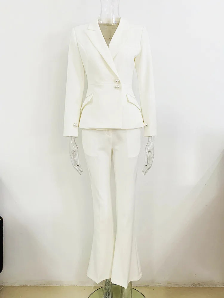 Formal Pearl Button Slim Fit Blazer Flared Pants Designer Suit Set Mssza