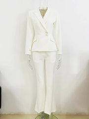 Formal Pearl Button Slim Fit Blazer Flared Pants Designer Suit Set Mssza