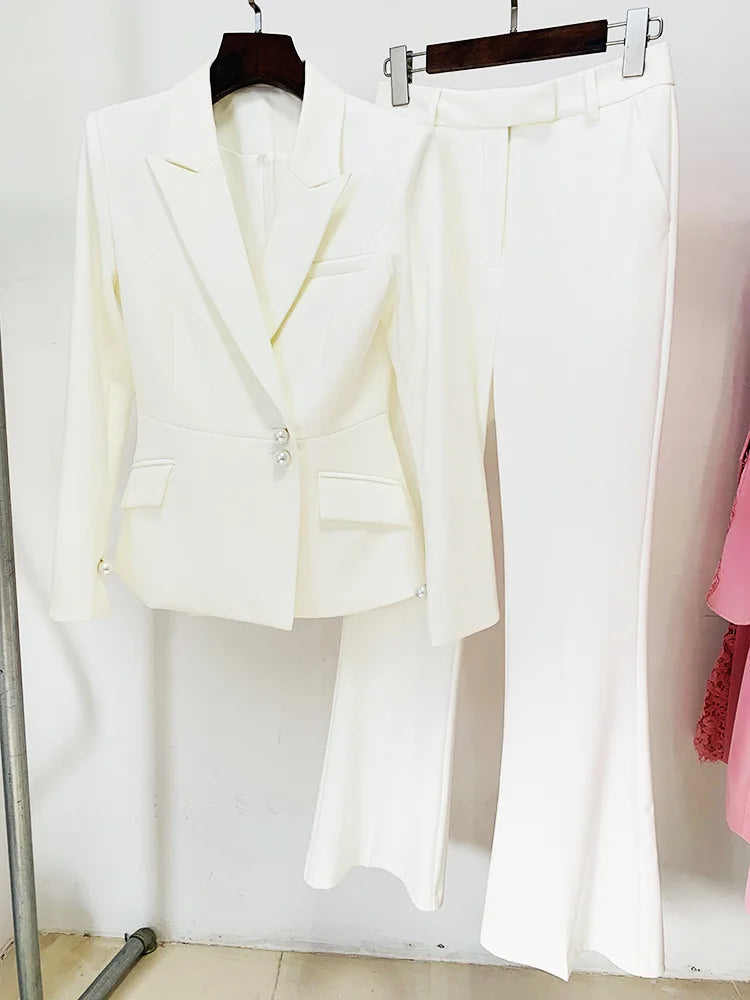 Formal Pearl Button Slim Fit Blazer Flared Pants Designer Suit Set Mssza