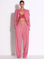 Formal Single Button Striped Diamonds Designer Blazer Pants Suit Set Mssza