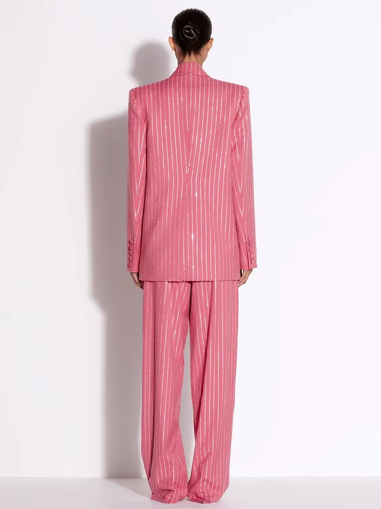 Formal Single Button Striped Diamonds Designer Blazer Pants Suit Set Mssza