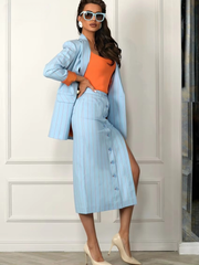 Formal Sleeve Blazer With Slit Skirt Loose Stripe Print 2 Piece Sets Mssza