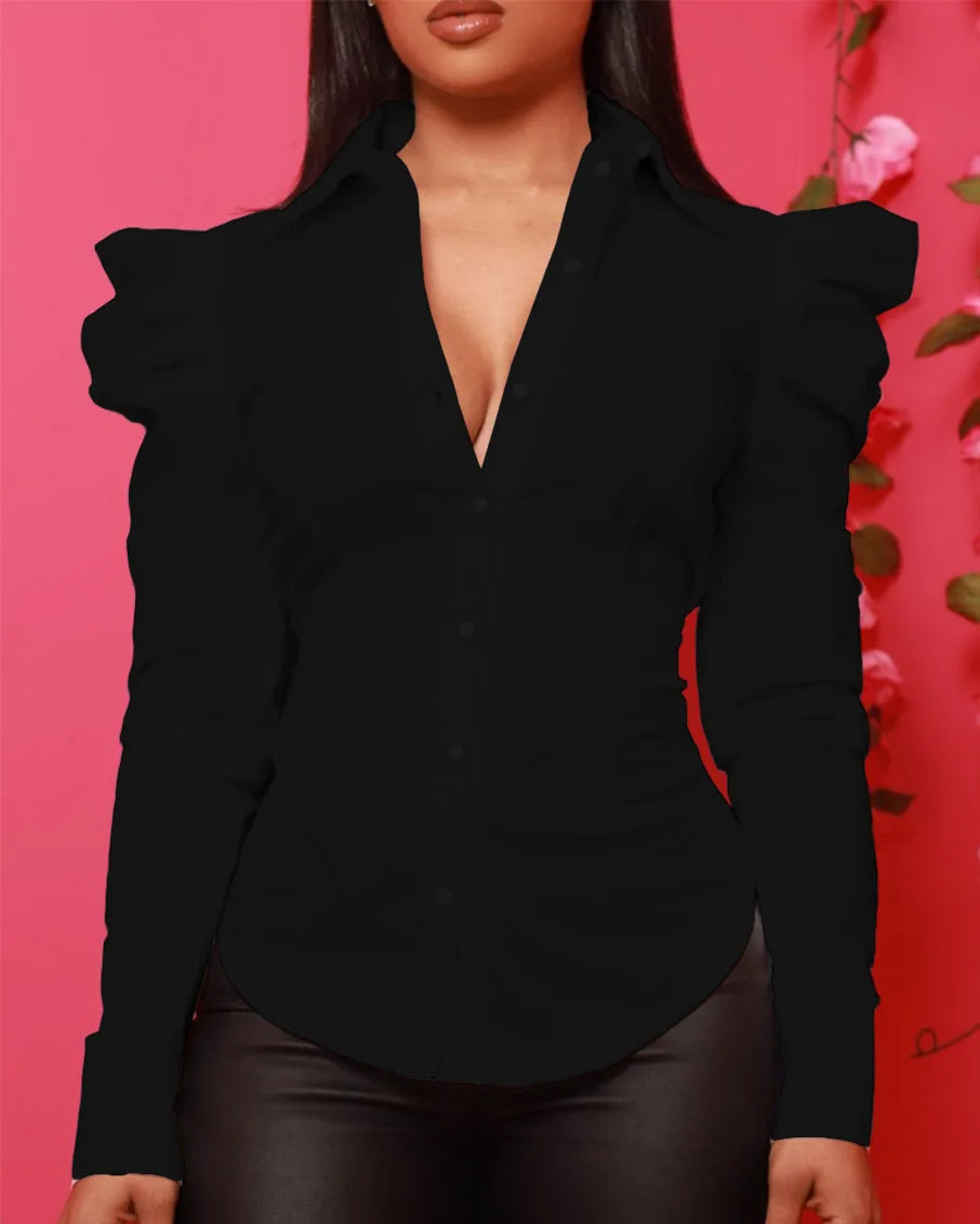 Formal Turn-down Collar Single Breasted Long-Sleeved Solid Slim Shirt Mssza
