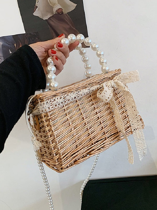 French Style Weave Faux-Pearl Handle Shoulder Bag Mssza