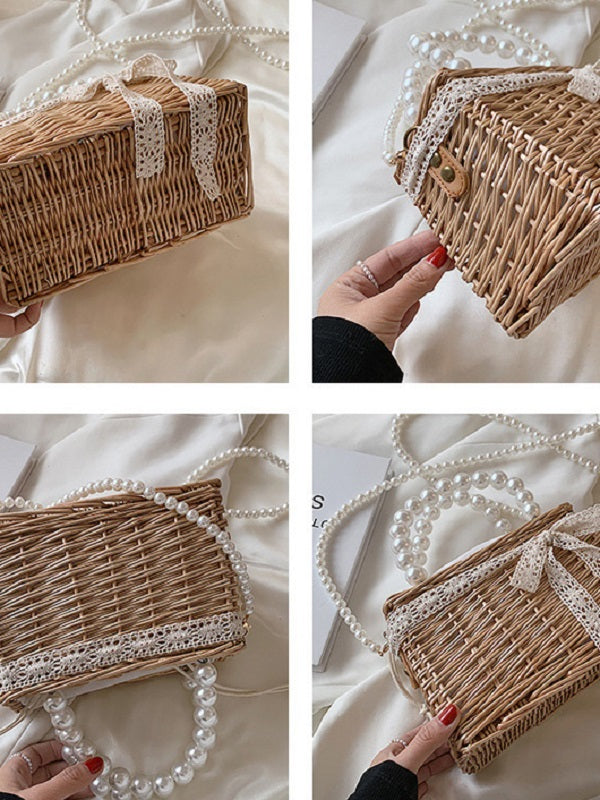 French Style Weave Faux-Pearl Handle Shoulder Bag Mssza