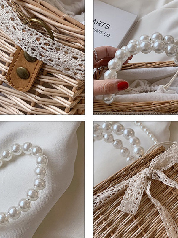 French Style Weave Faux-Pearl Handle Shoulder Bag Mssza