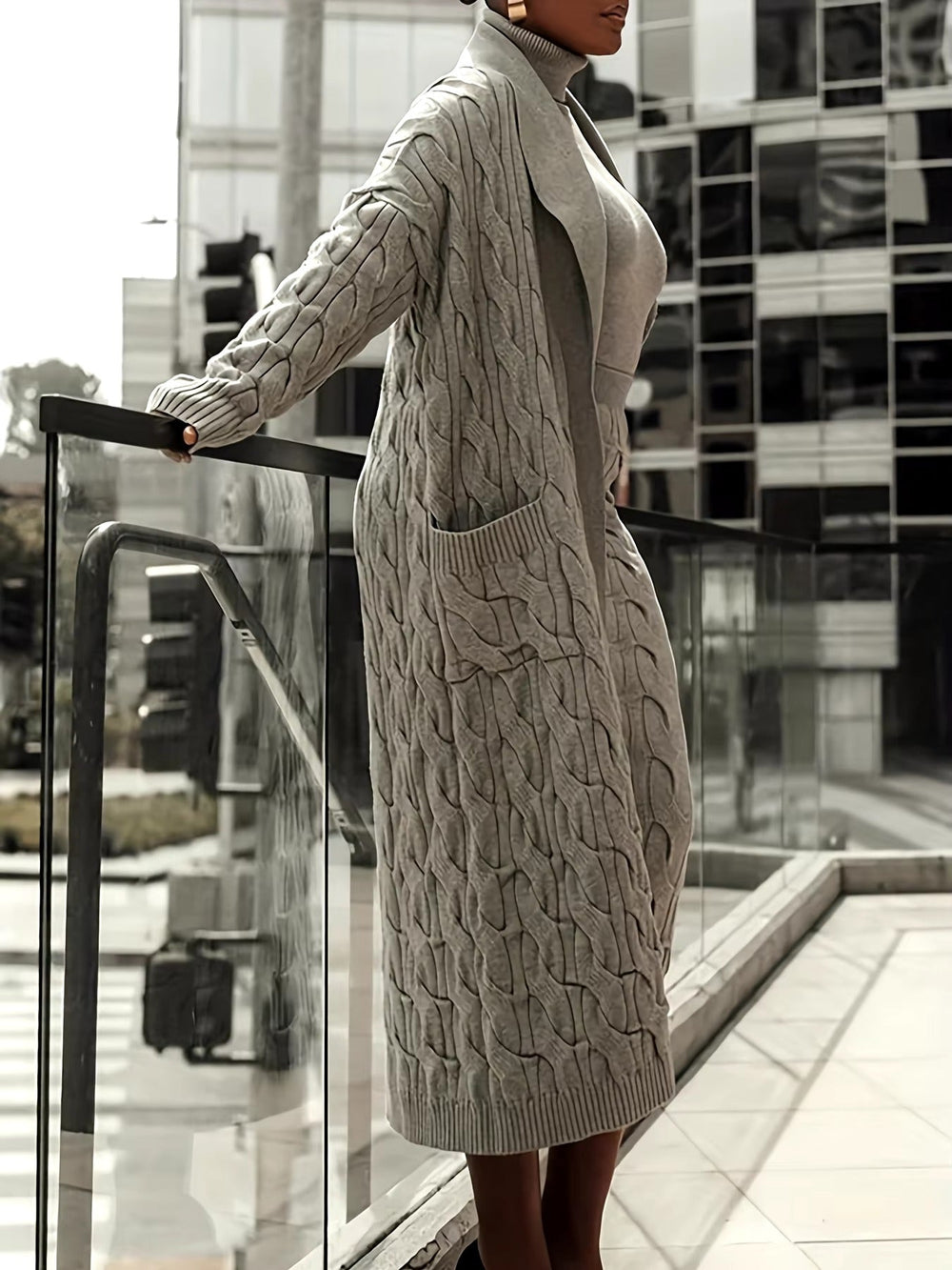 Front Pocketed Cardigan Sleek Sweater With High-Waist Skirt Three-Piece Knit Set Mssza