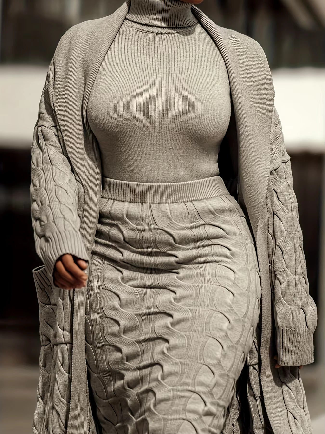 Front Pocketed Cardigan Sleek Sweater With High-Waist Skirt Three-Piece Knit Set Mssza