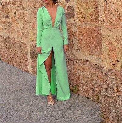 Front slit long dress v neck long sleeve dress Autumn casual dresses Elegant maxi vestidso mujer Mssaz Desses