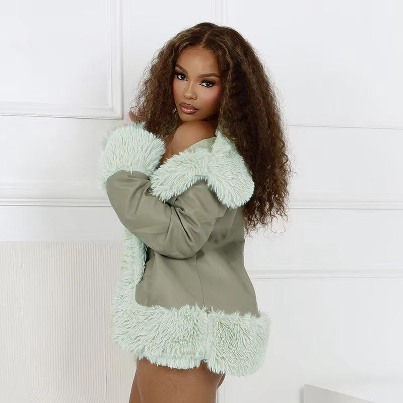 Fur Collar Long Sleeve Cardigan Coat Mini Skirt Party Club Faux Leather 2 Piece Sets Mssza
