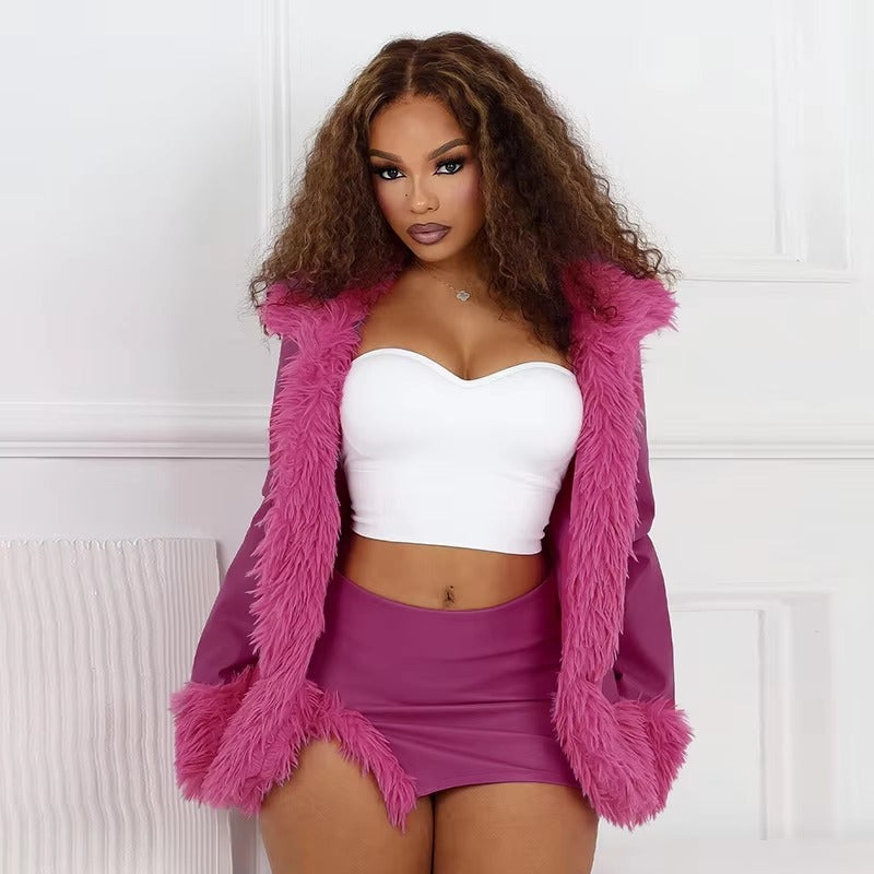 Fur Collar Long Sleeve Cardigan Coat Mini Skirt Party Club Faux Leather 2 Piece Sets Mssza