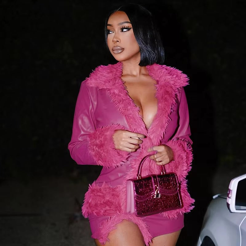 Fur Collar Long Sleeve Cardigan Coat Mini Skirt Party Club Faux Leather 2 Piece Sets Mssza