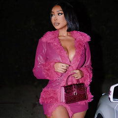 Fur Collar Long Sleeve Cardigan Coat Mini Skirt Party Club Faux Leather 2 Piece Sets Mssza