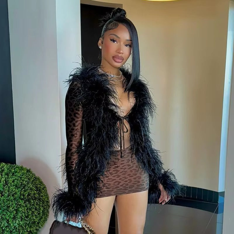 Furry Collar Lace-Up Tops and Mini Skirts Leopard Print 2 Piece Sets Mssza