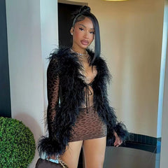 Furry Collar Lace-Up Tops and Mini Skirts Leopard Print 2 Piece Sets Mssza