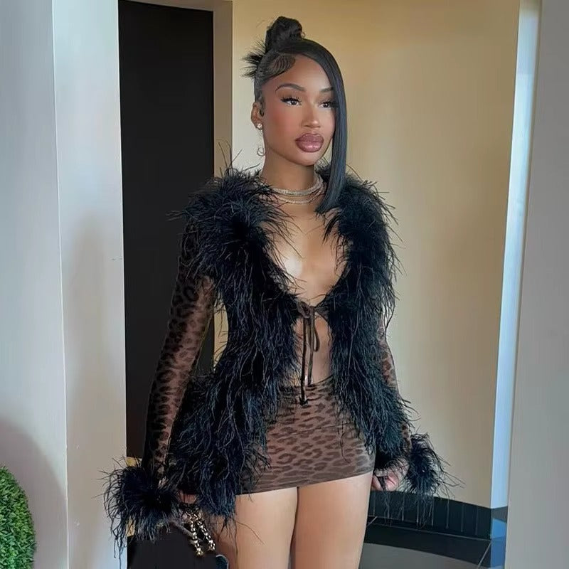 Furry Collar Lace-Up Tops and Mini Skirts Leopard Print 2 Piece Sets Mssza
