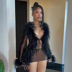 Furry Collar Lace-Up Tops and Mini Skirts Leopard Print 2 Piece Sets Mssza