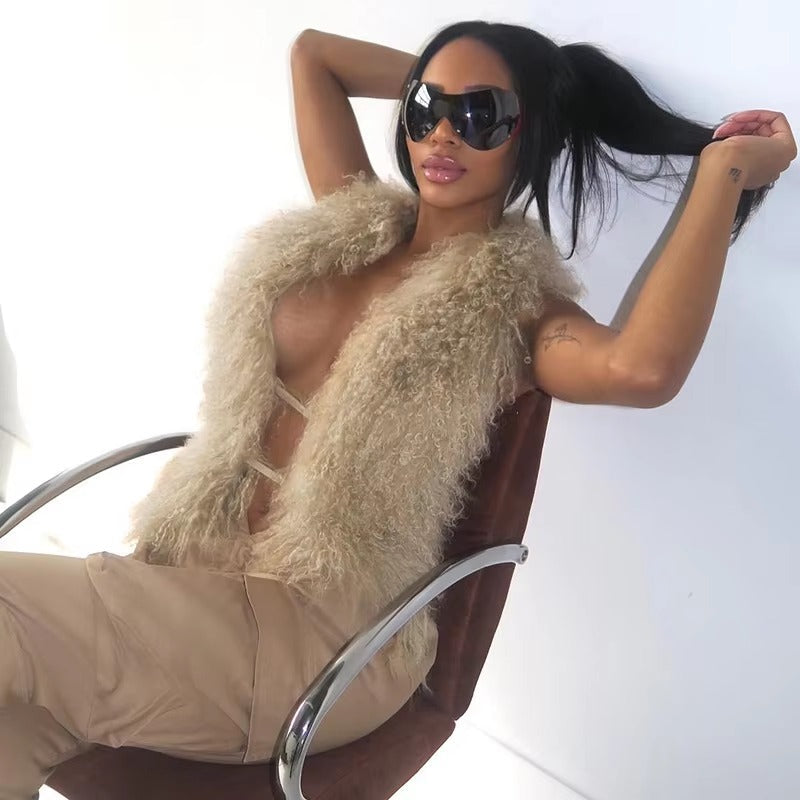 Furry Warm Halter Deep V-Neck Backless Tie-Up Tops Mssza
