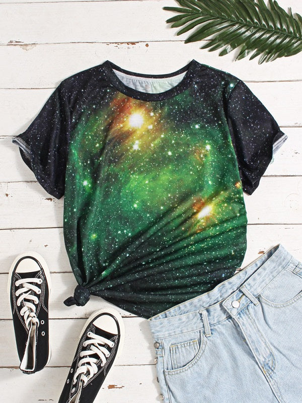 Galaxy Print O-neck Short Sleeve Casual T-Shirt Mssza