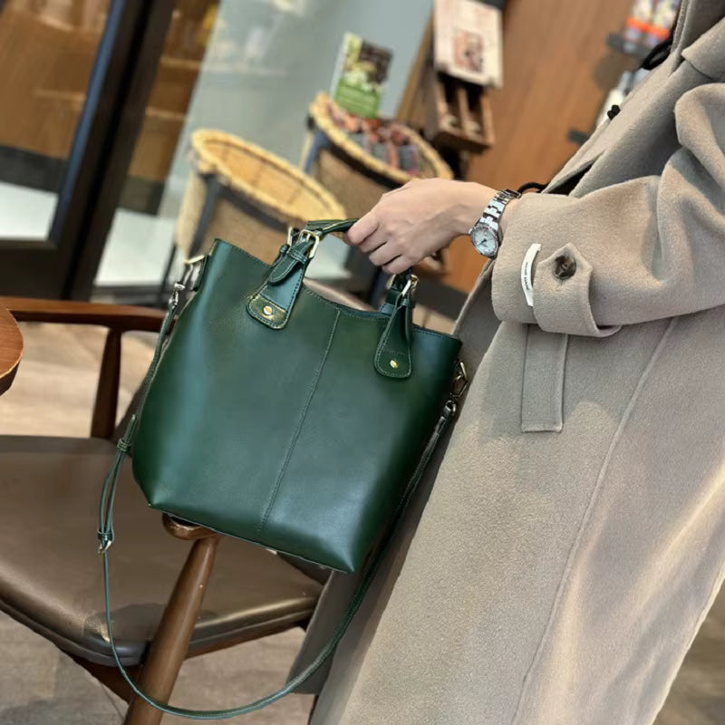 Genuine Leather Cowhide Crossbody Commuter Bucket Bag Mssza