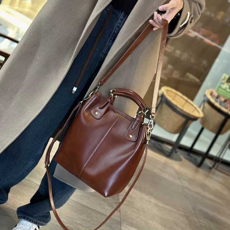 Genuine Leather Cowhide Crossbody Commuter Bucket Bag Mssza