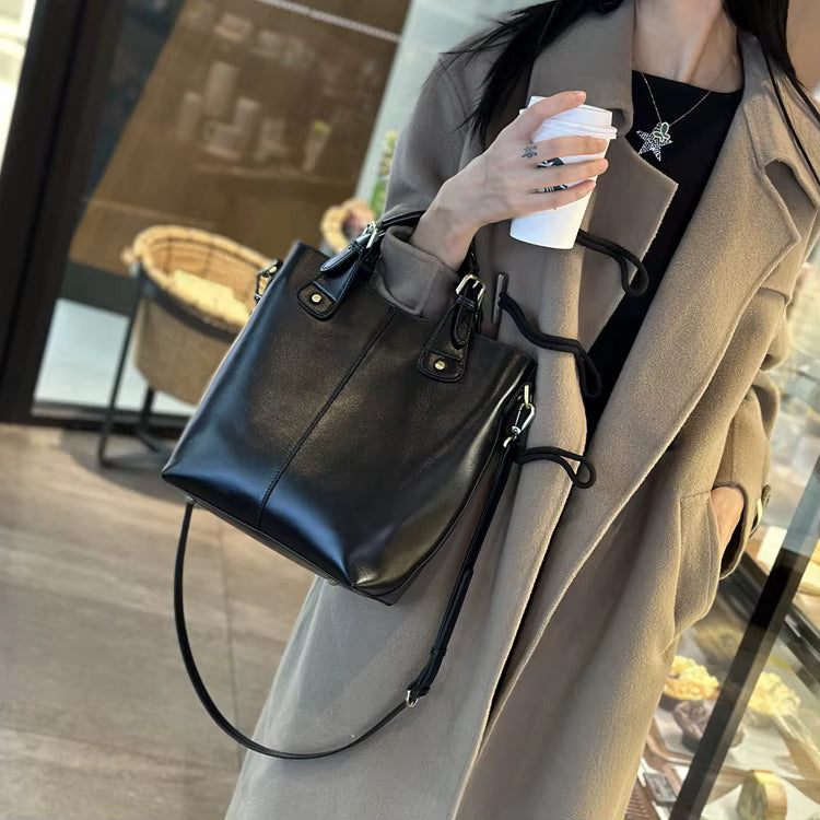 Genuine Leather Cowhide Crossbody Commuter Bucket Bag Mssza