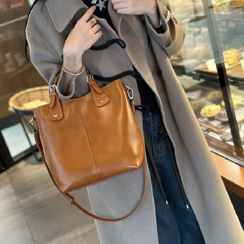 Genuine Leather Cowhide Crossbody Commuter Bucket Bag Mssza