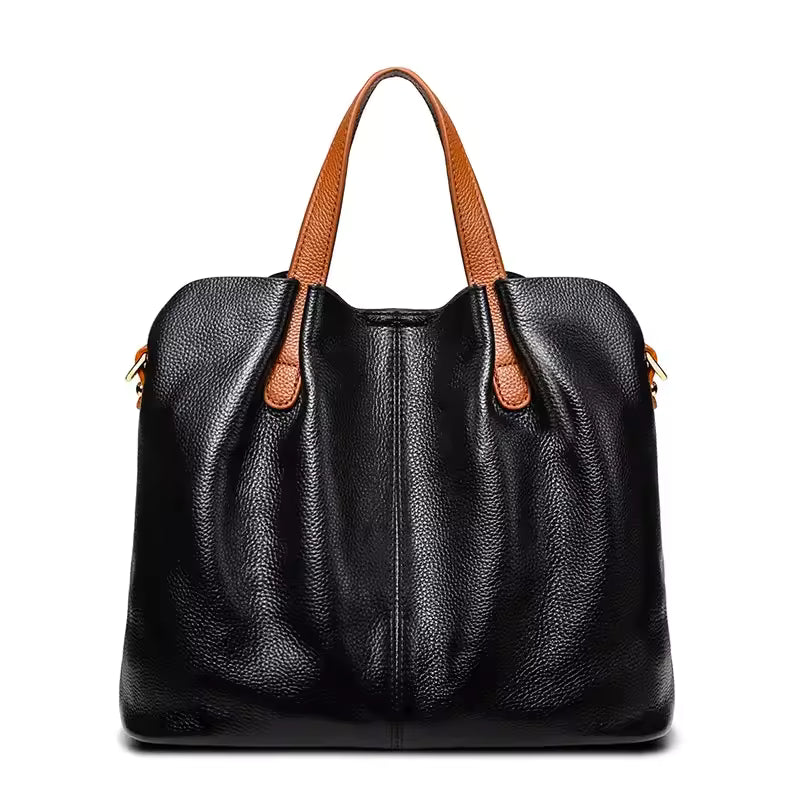 Genuine Leather Large Composite Ruched Top Layer Cowhide Shoulder Crossbody Handbag Mssza