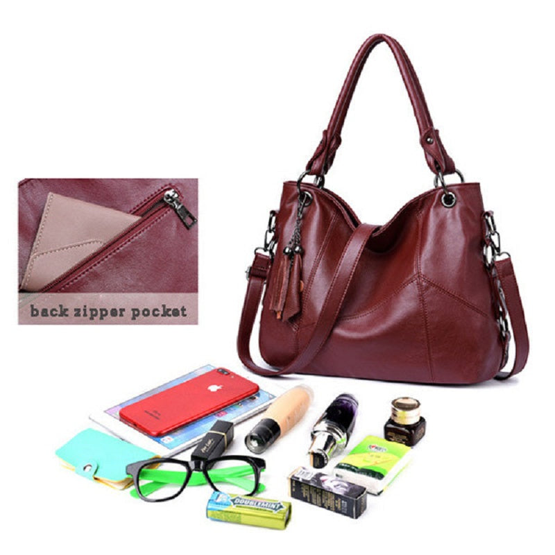 Genuine Leather Tassel Pendant Plaid Handbag Cross body Bag For Women Mssza