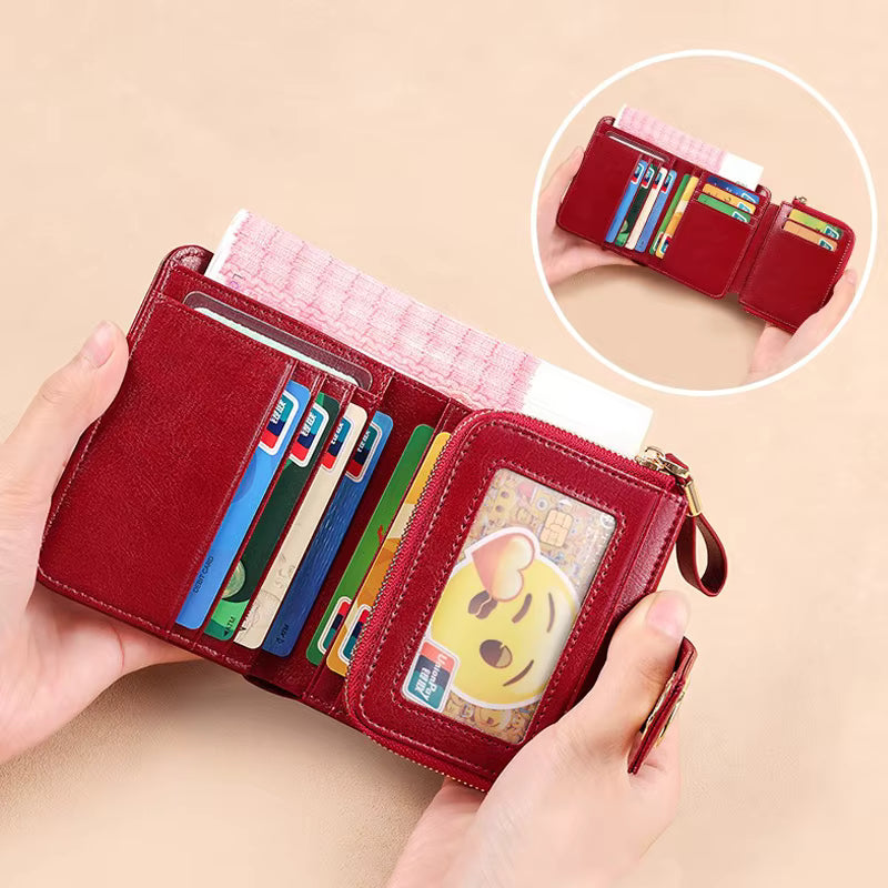 Genuine Leather Tri Fold RFID Blocking ID Card Holder Zipper Coin Purse Mssza