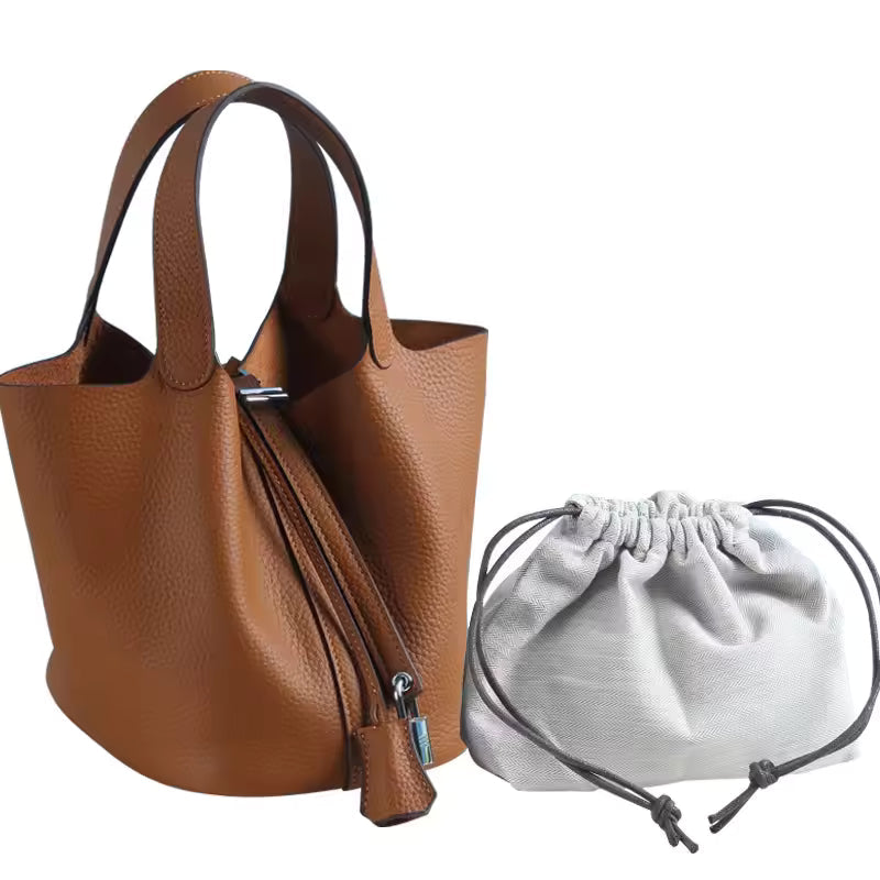 Genuine Leather Vegetable Basket Style Portable Bucket Bag Mssza