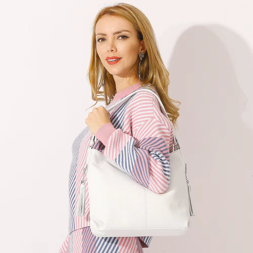 Genuine Tassel Plain Color Real Cowhide Leather Large Shopper Hobo Bag Mssza